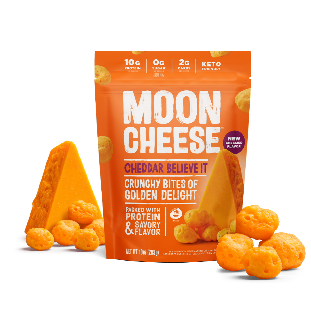 Package of Moon Cheese Cheddar Believe it flavor. With 'Real Cheese' Badge.