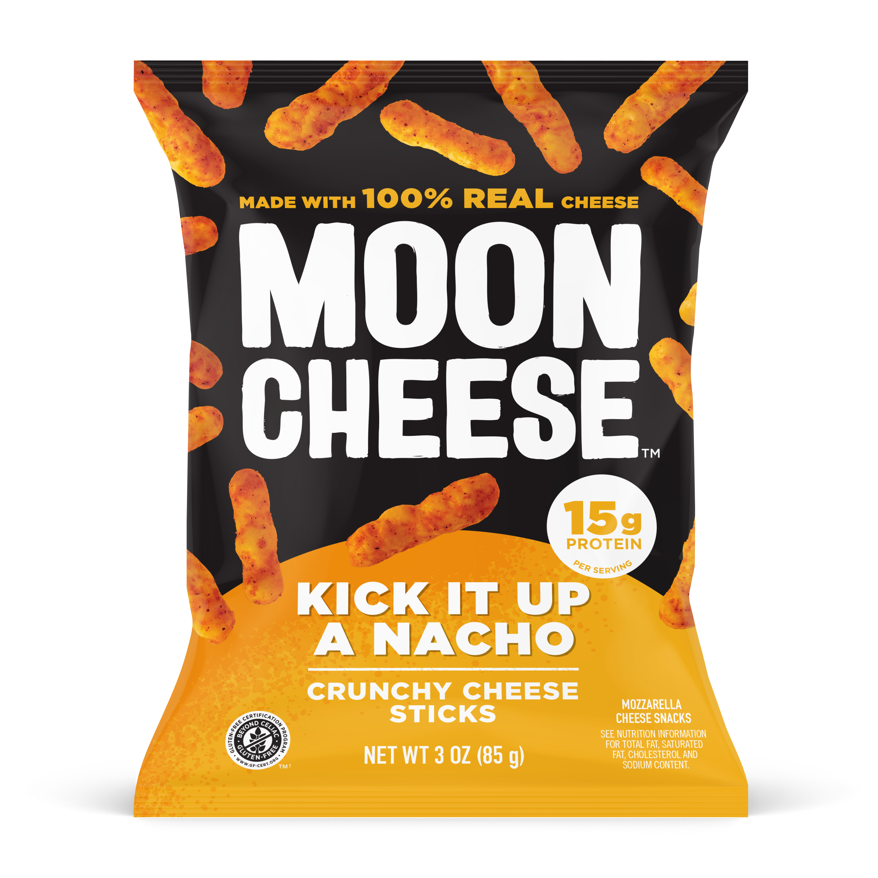 Package of crunchy cheese sticks in 'kick it up a nacho' flavor.